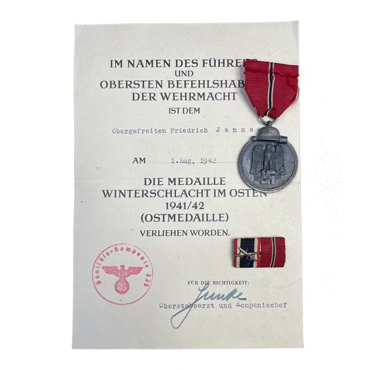  Tildelings lot - Urkunden + Kriegsverdienstkreuz 2. Klasse 1939 mit Schwertern + Ostmedaille, Winterschlacht im Osten + Feldspange