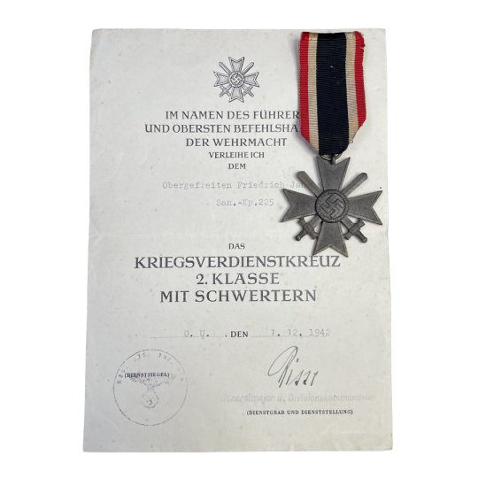  Tildelings lot - Urkunden + Kriegsverdienstkreuz 2. Klasse 1939 mit Schwertern + Ostmedaille, Winterschlacht im Osten + Feldspange
